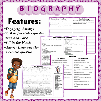 Bill McKibben | Biography Reading Comprehension and Questions Worksheet