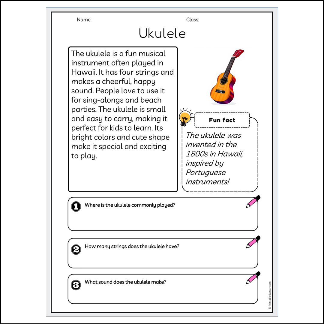 Ukulele | Reading Passage Comprehension Questions Writing Facts Worksheet