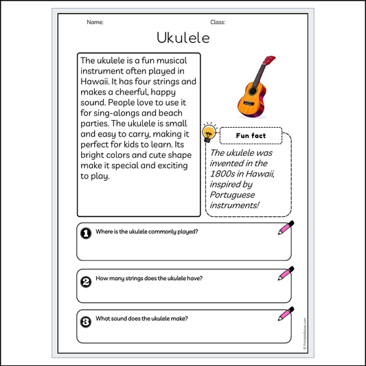 Ukulele | Reading Passage Comprehension Questions Writing Facts Worksheet