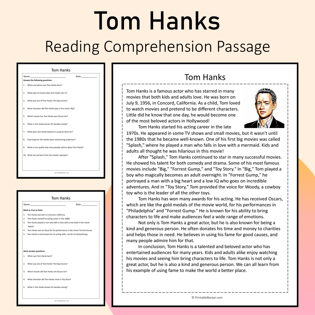 Tom Hanks | Reading Comprehension Passage Printable Activity