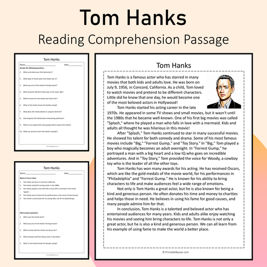 Tom Hanks | Reading Comprehension Passage Printable Activity