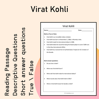 Virat Kohli | Reading Comprehension Passage Printable Activity