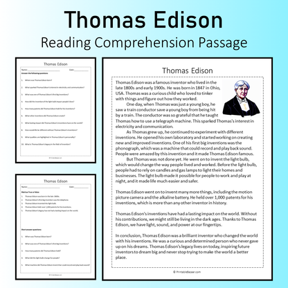 Thomas Edison | Reading Comprehension Passage Printable Worksheet