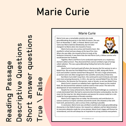 Marie Curie | Reading Comprehension Passage Printable Activity
