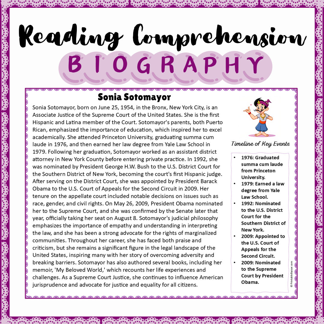 Sonia Sotomayor | Biography Reading Comprehension and Questions Worksheet