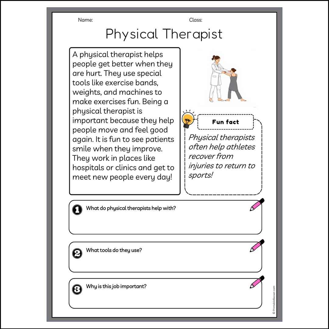 Physical Therapist | Reading Passage Comprehension Questions Writing Facts Worksheet