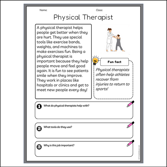 Physical Therapist | Reading Passage Comprehension Questions Writing Facts Worksheet