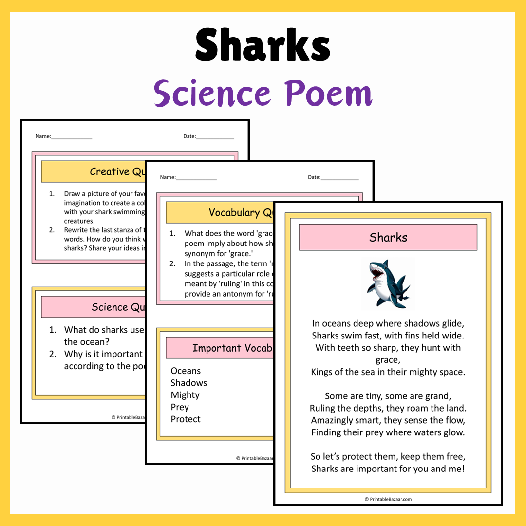 Sharks | Science Poem Reading Comprehension Activity