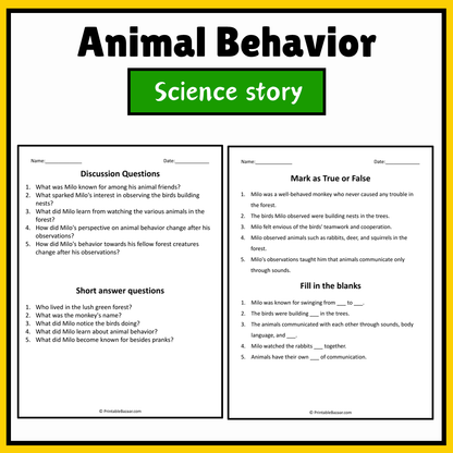 Animal Behavior | Science Story Reading Comprehension Activity