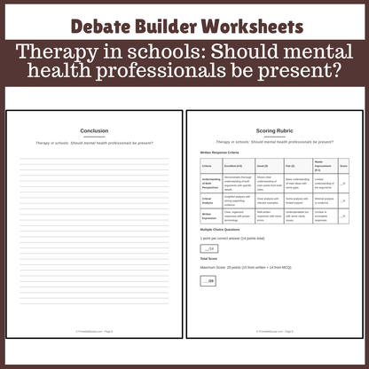 Therapy in schools: Should mental health professionals be present? | Favour and Against Worksheet Printable Activity