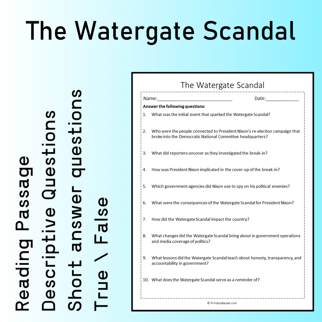 The Watergate Scandal | Reading Comprehension Passage Printable Worksheet