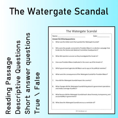 The Watergate Scandal | Reading Comprehension Passage Printable Worksheet