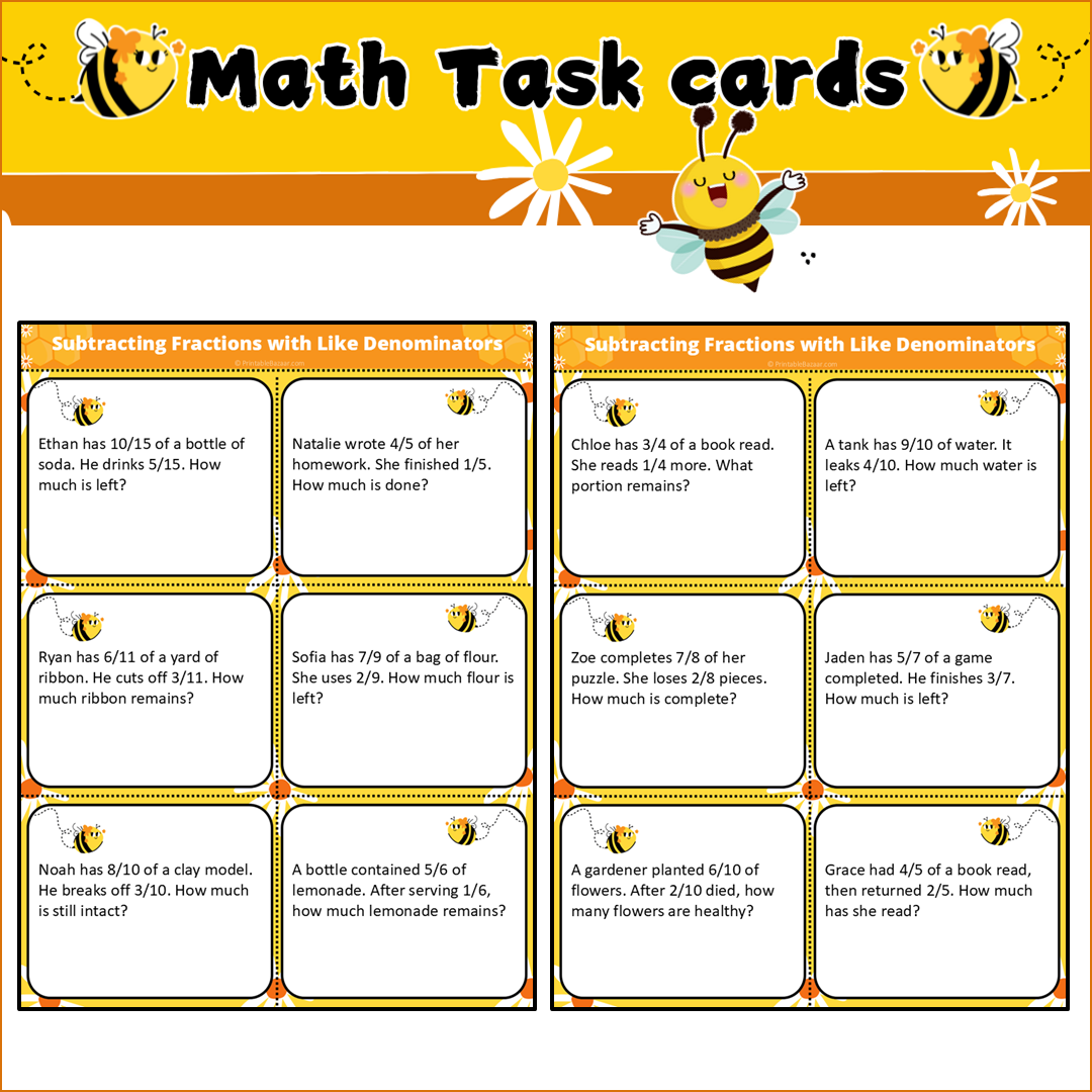 Subtracting Fractions with Like Denominators | Math Task Cards