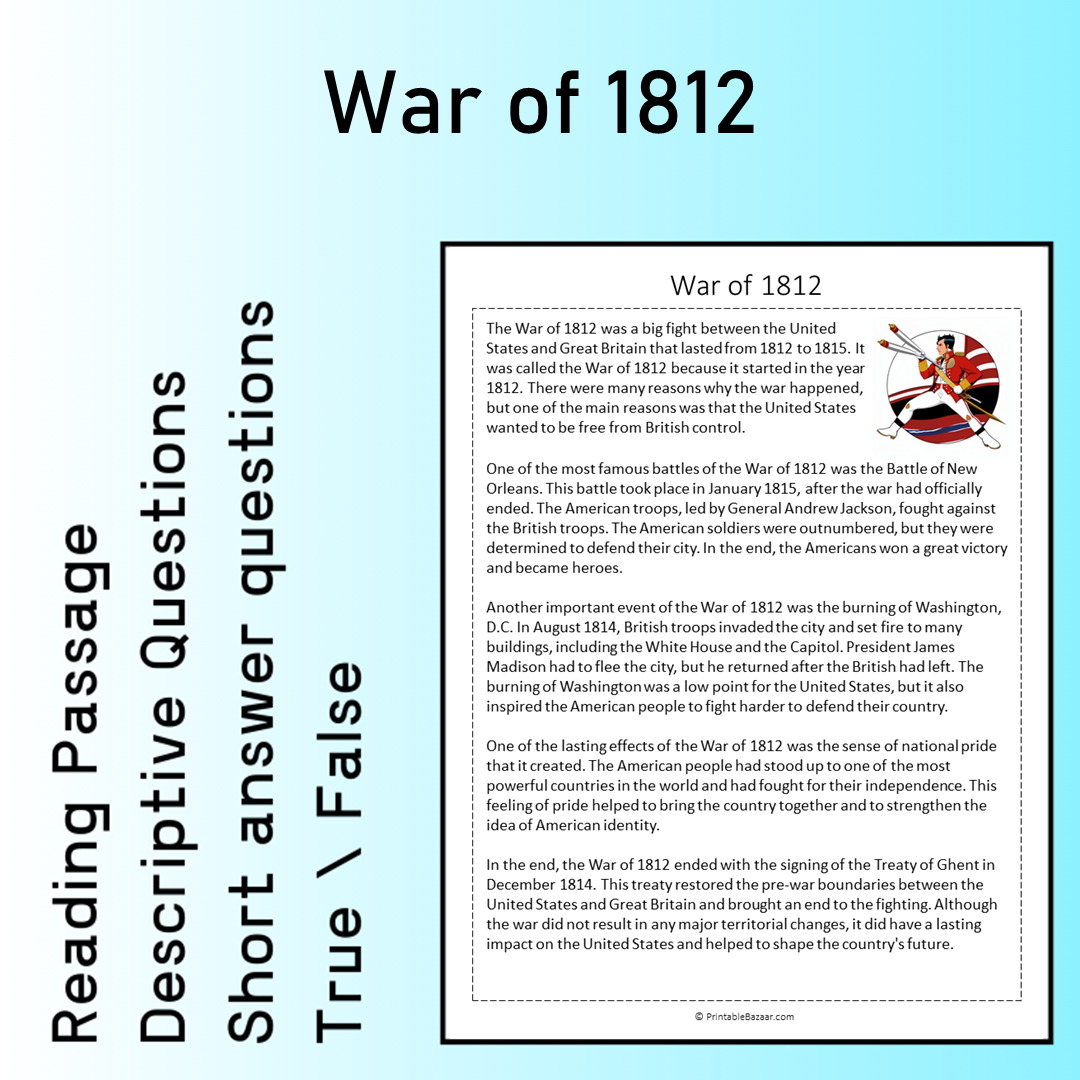 War of 1812 | Reading Comprehension Passage Printable Worksheet