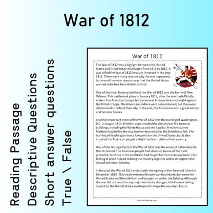 War of 1812 | Reading Comprehension Passage Printable Worksheet