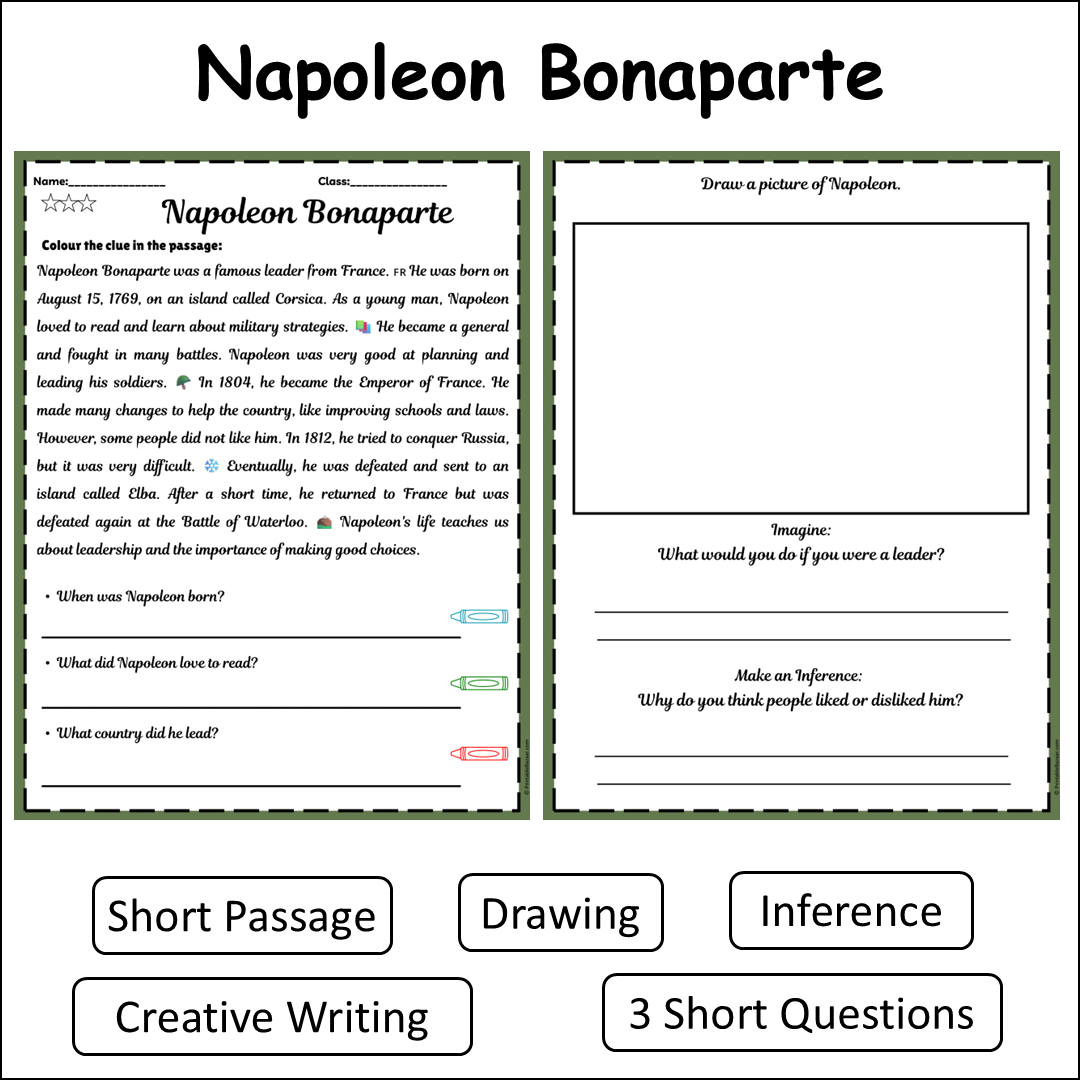 Napoleon Bonaparte | Short Reading Comprehension Creative Worksheet