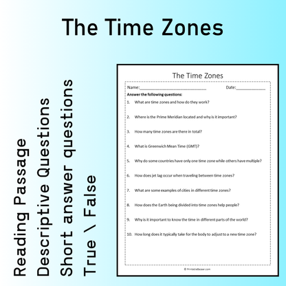 The Time Zones | Reading Comprehension Passage Printable Worksheet