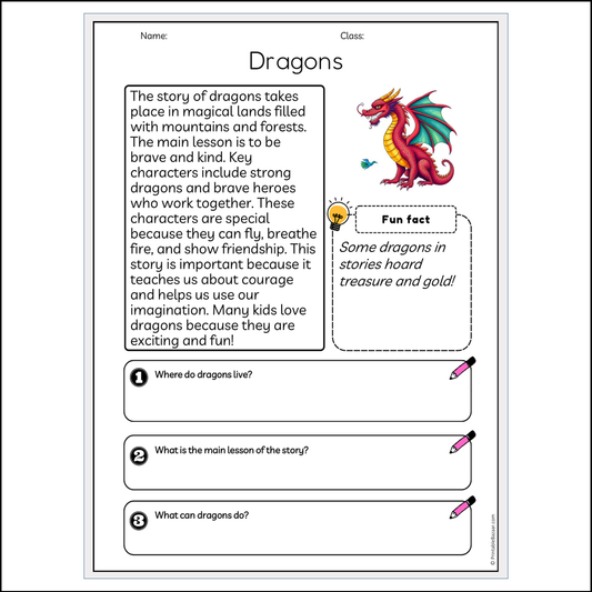 Dragons | Reading Passage Comprehension Questions Writing Facts Worksheet