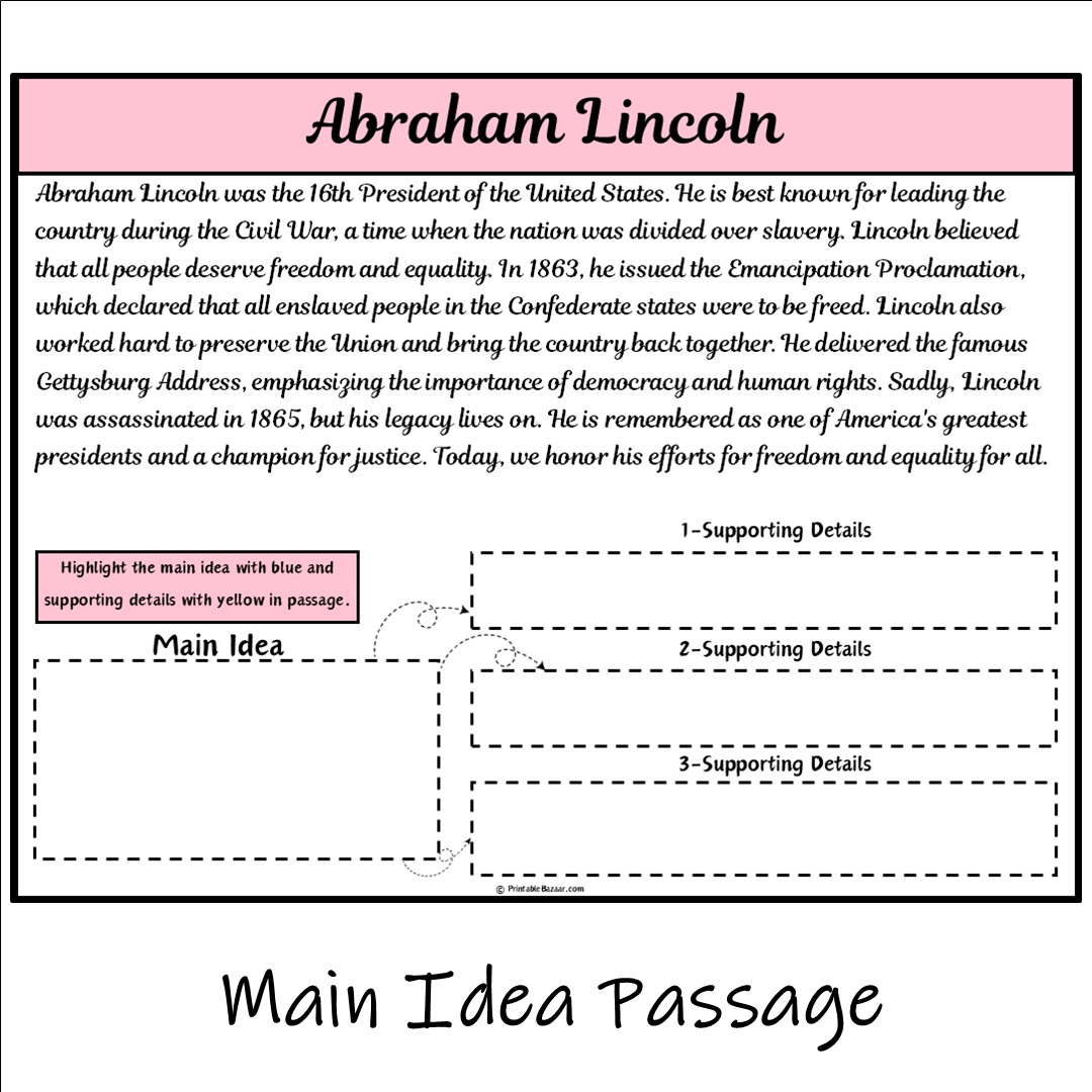 Abraham Lincoln | Main Idea and Supporting Details Reading Passage and Questions