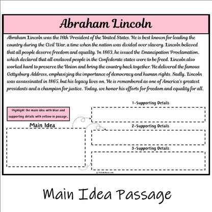 Abraham Lincoln | Main Idea and Supporting Details Reading Passage and Questions