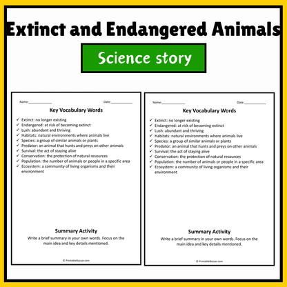 Extinct and Endangered Animals | Science Story Reading Comprehension Activity