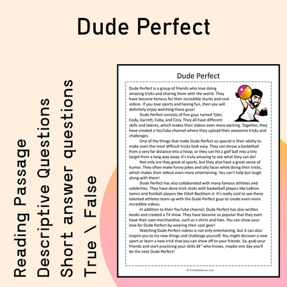 Dude Perfect | Reading Comprehension Passage Printable Activity
