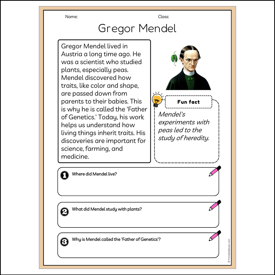 Gregor Mendel | Reading Passage Comprehension Questions Writing Facts Worksheet