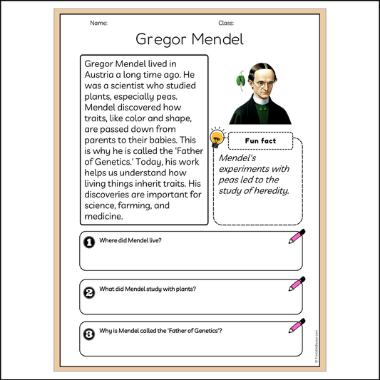 Gregor Mendel | Reading Passage Comprehension Questions Writing Facts Worksheet