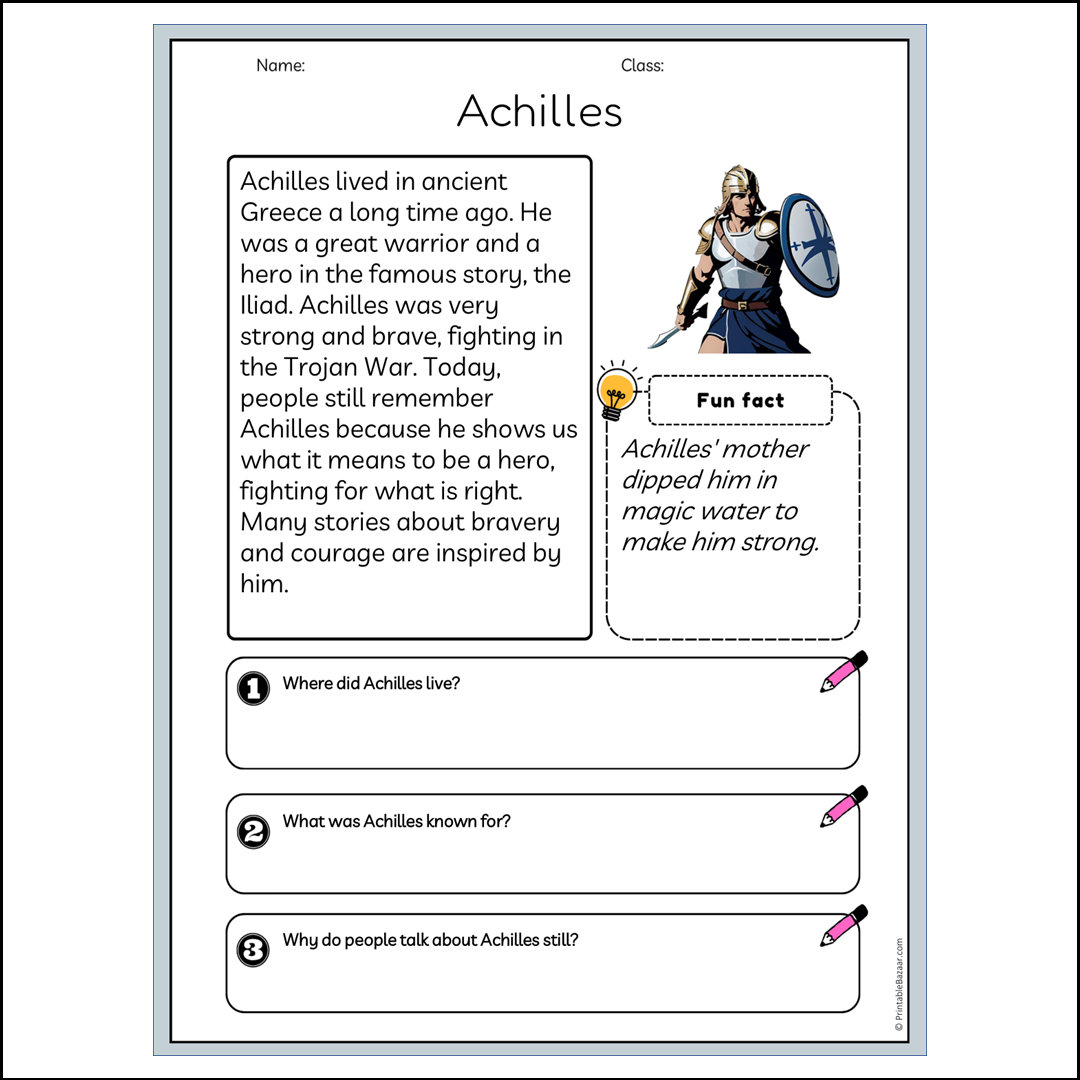 Achilles | Reading Passage Comprehension Questions Writing Facts Worksheet