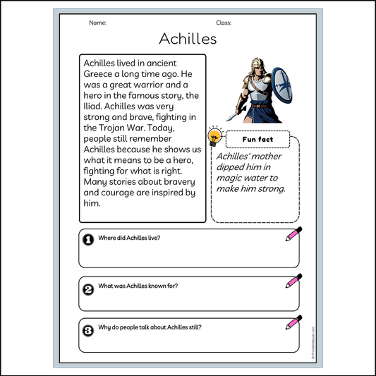 Achilles | Reading Passage Comprehension Questions Writing Facts Worksheet