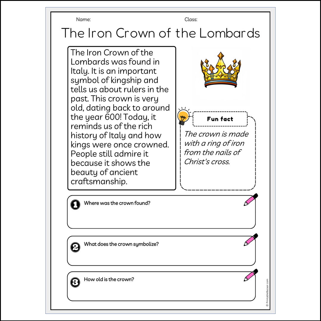 The Iron Crown of the Lombards | Reading Passage Comprehension Questions Writing Facts Worksheet