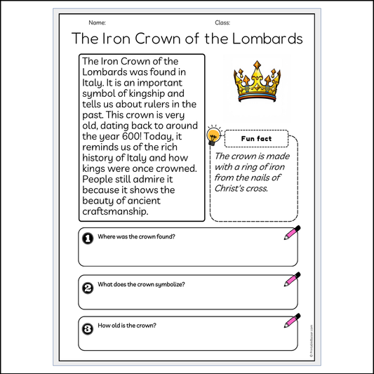 The Iron Crown of the Lombards | Reading Passage Comprehension Questions Writing Facts Worksheet