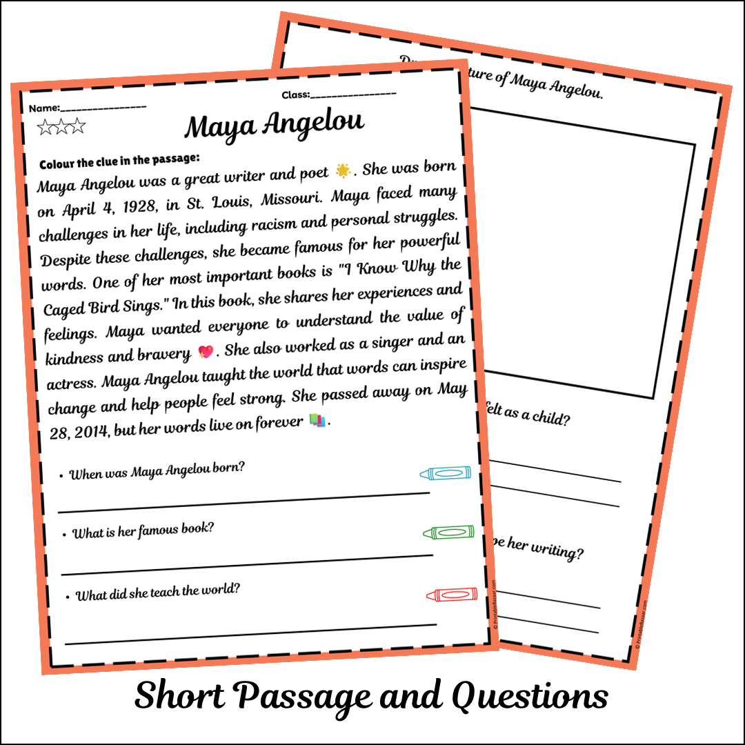 Maya Angelou | Short Reading Comprehension Creative Worksheet