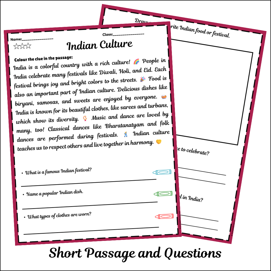 Indian Culture | Short Reading Comprehension Creative Worksheet