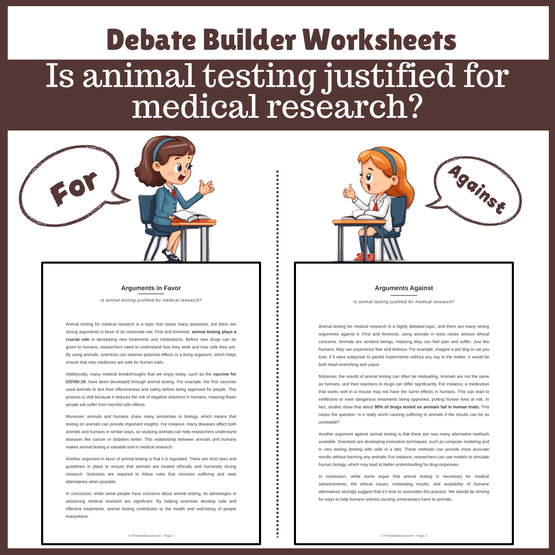 Is animal testing justified for medical research? | Favour and Against Worksheet Printable Activity