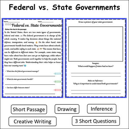 Federal vs. State Governments | Short Reading Comprehension Creative Worksheet