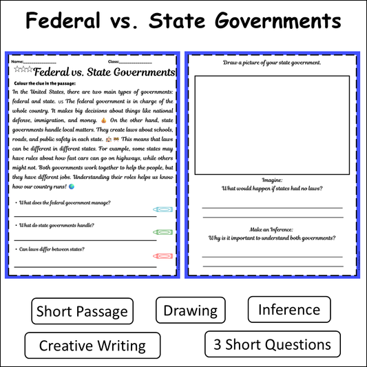 Federal vs. State Governments | Short Reading Comprehension Creative Worksheet