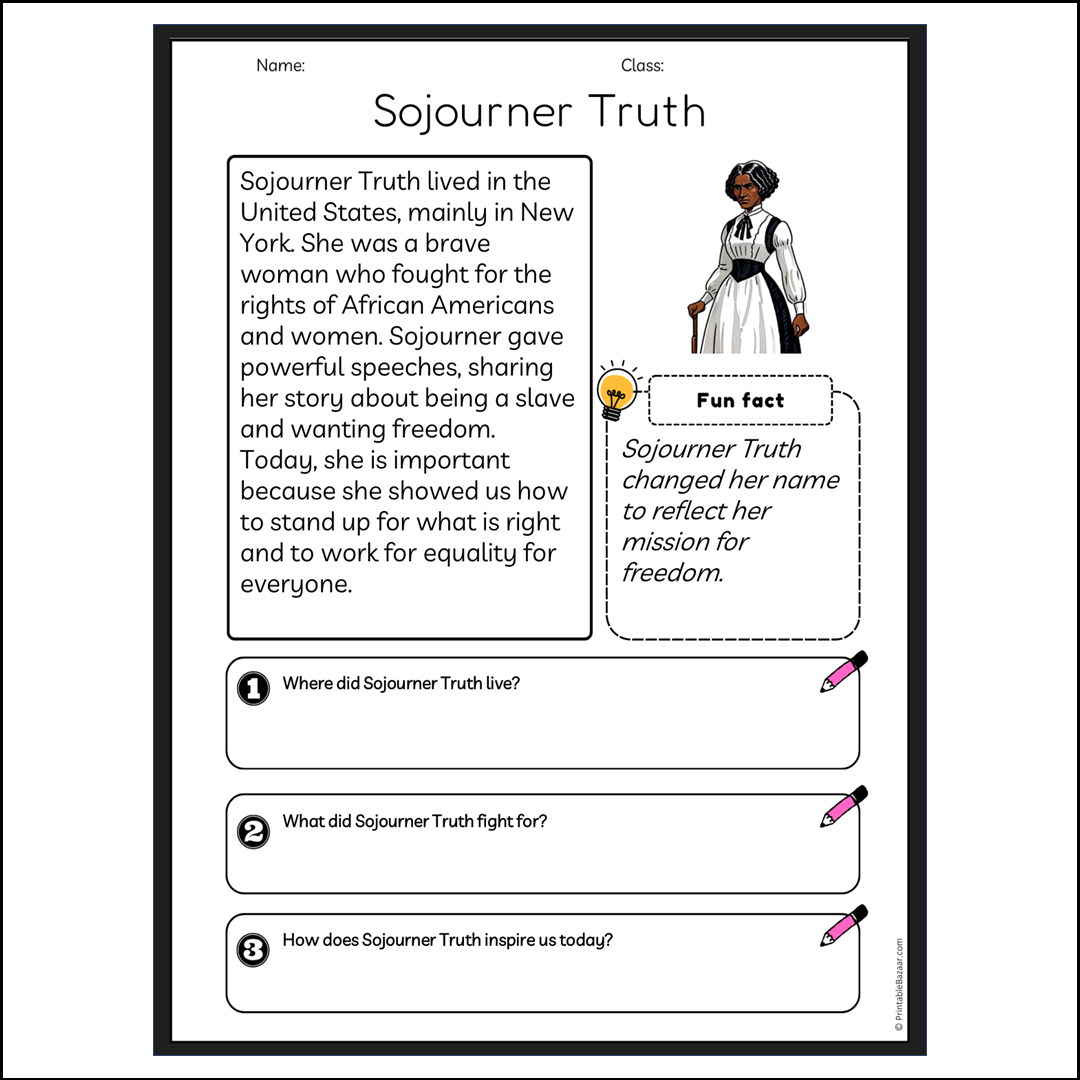 Sojourner Truth | Reading Passage Comprehension Questions Writing Facts Worksheet