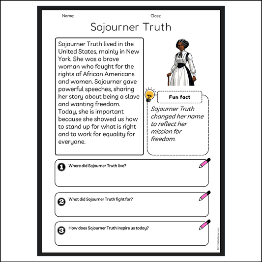 Sojourner Truth | Reading Passage Comprehension Questions Writing Facts Worksheet