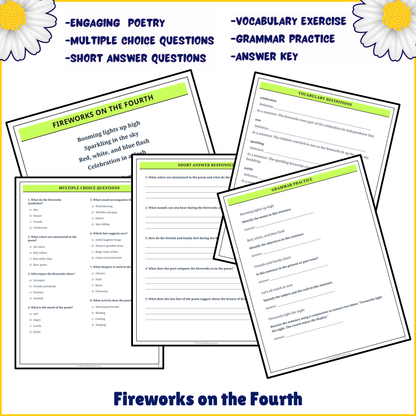 Fireworks on the Fourth | Poem Grammar Worksheet Printable Activity