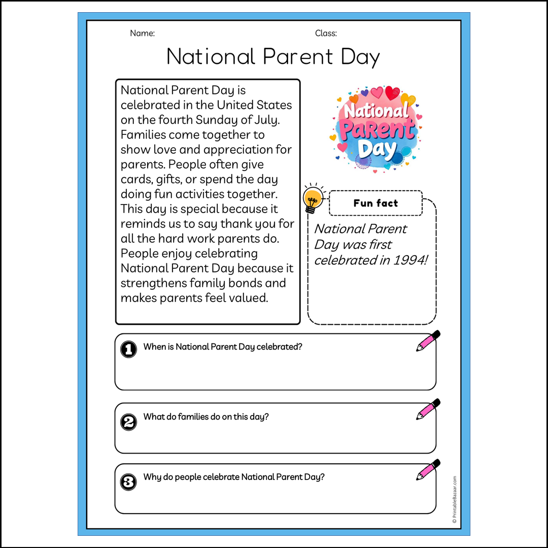 National Parent Day | Reading Passage Comprehension Questions Writing Facts Worksheet