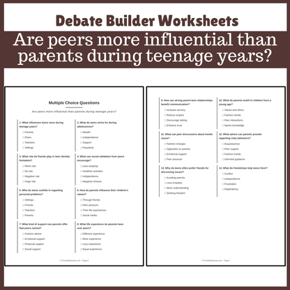 Are peers more influential than parents during teenage years? | Favour and Against Worksheet Printable Activity