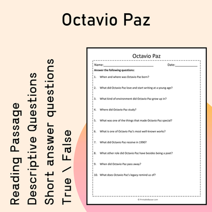 Octavio Paz | Reading Comprehension Passage Printable Activity