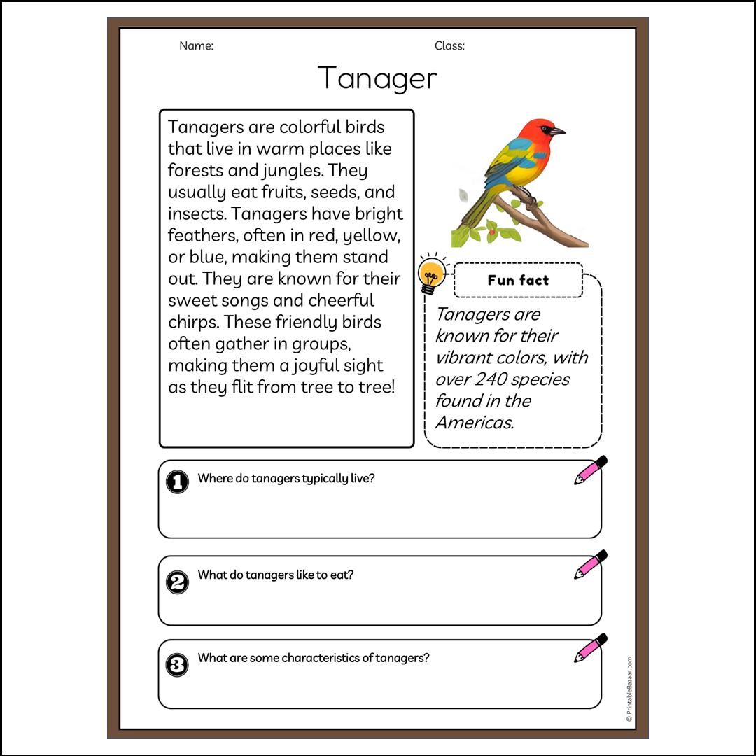 Tanager | Reading Passage Comprehension Questions Writing Facts Worksheet