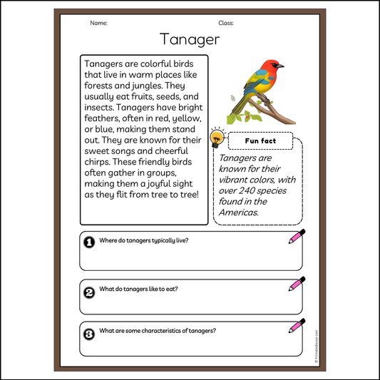 Tanager | Reading Passage Comprehension Questions Writing Facts Worksheet