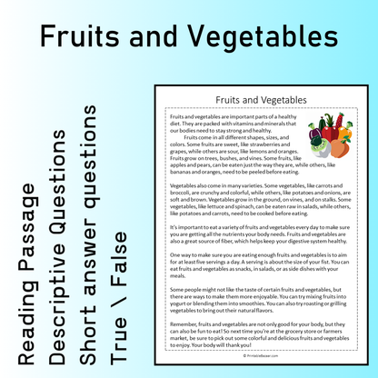 Fruits and Vegetables | Reading Comprehension Passage Printable Worksheet