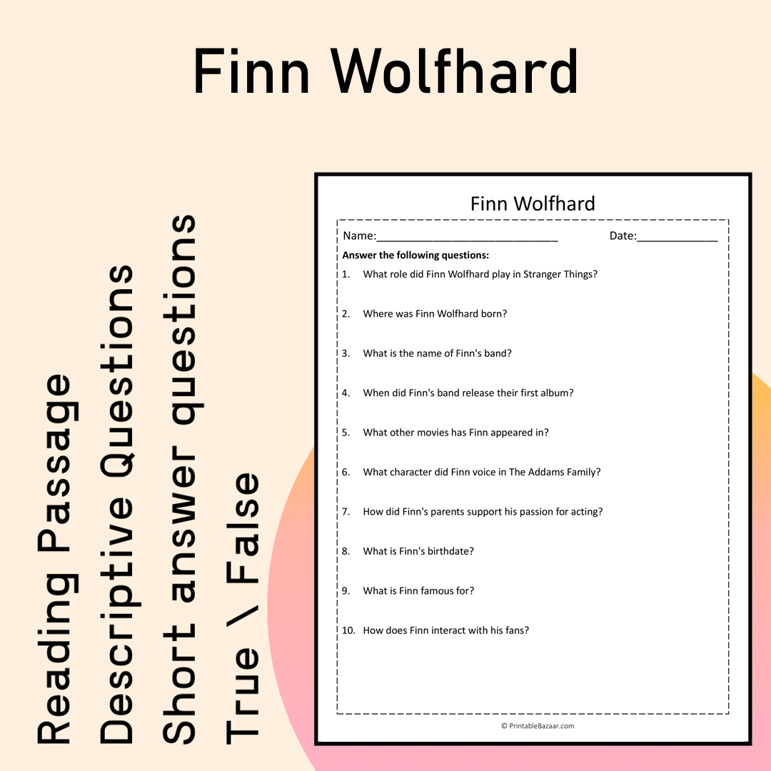 Finn Wolfhard | Reading Comprehension Passage Printable Activity