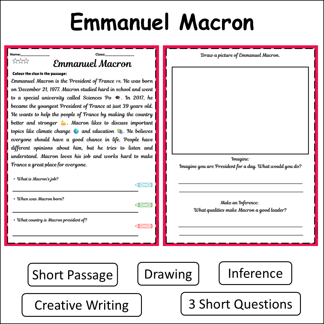 Emmanuel Macron | Short Reading Comprehension Creative Worksheet