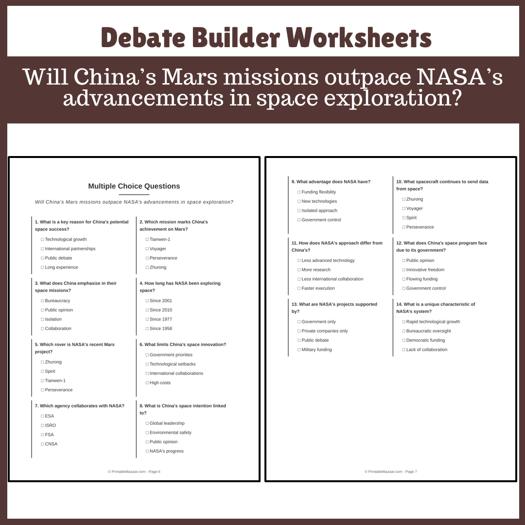 Will China’s Mars missions outpace NASA’s advancements in space exploration? | Favour and Against Worksheet Printable Activity