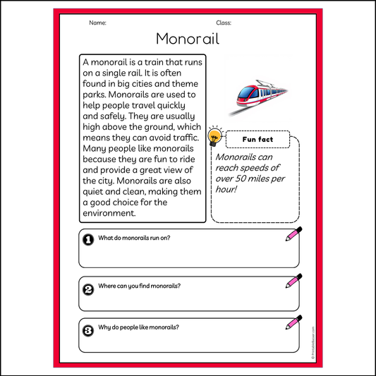 Monorail | Reading Passage Comprehension Questions Writing Facts Worksheet